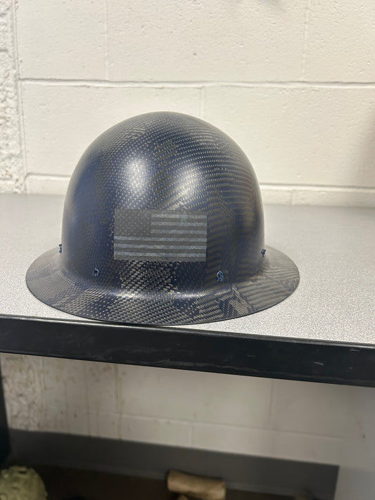 BLUE  CAMO FULL BRIM WITH BW FLAG IN THE FRONT OF HARD HAT