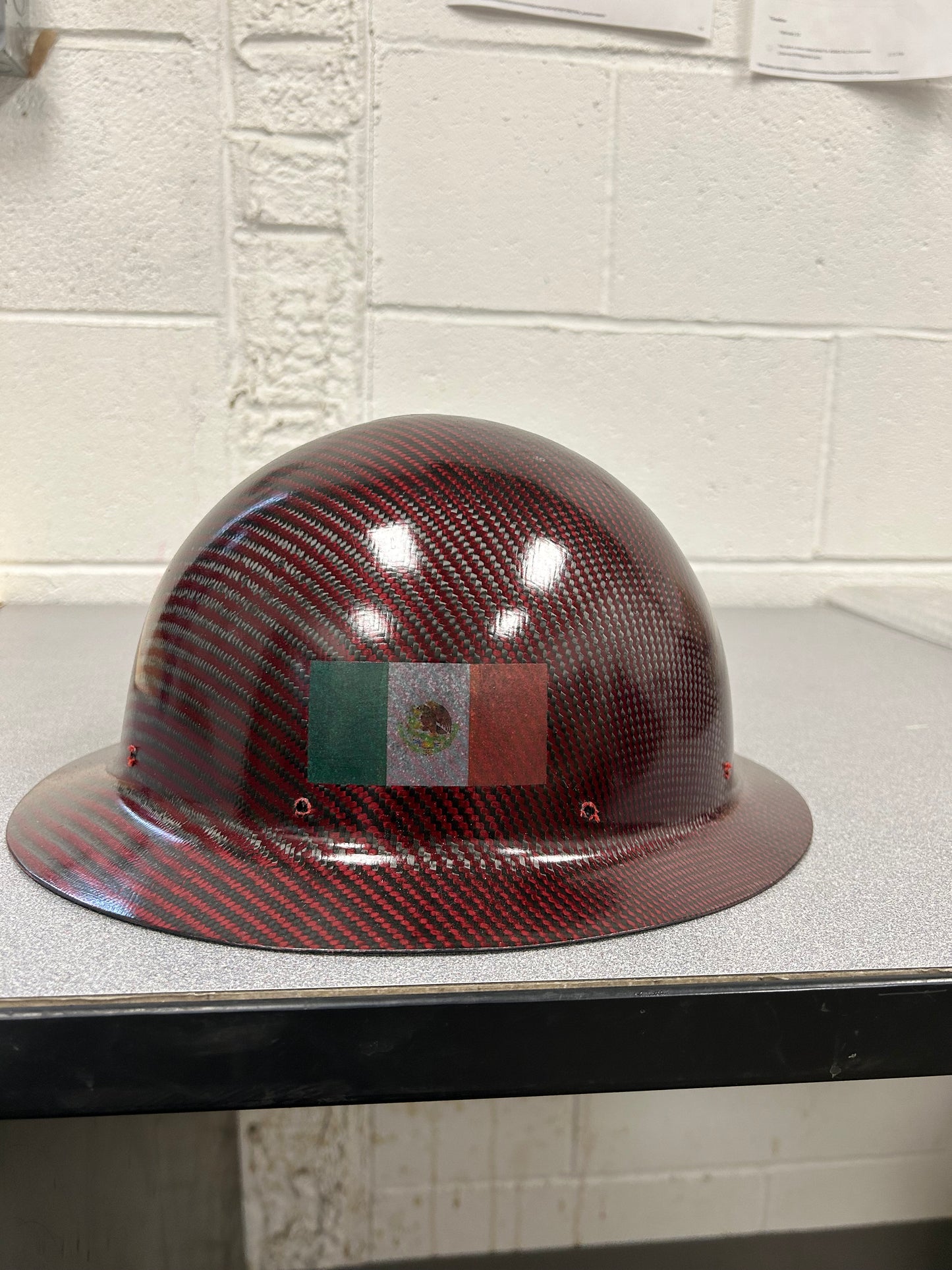 Cosmetic Blemish, RED Semi Gloss, Full Brim Hard Hat WITH RWB FLAG & MEXICAN FLAG