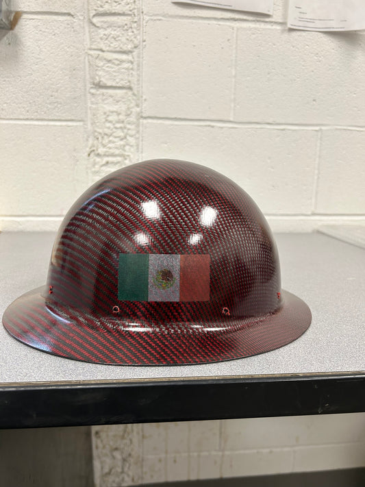 Cosmetic Blemish, RED Semi Gloss, Full Brim Hard Hat WITH RWB FLAG & MEXICAN FLAG