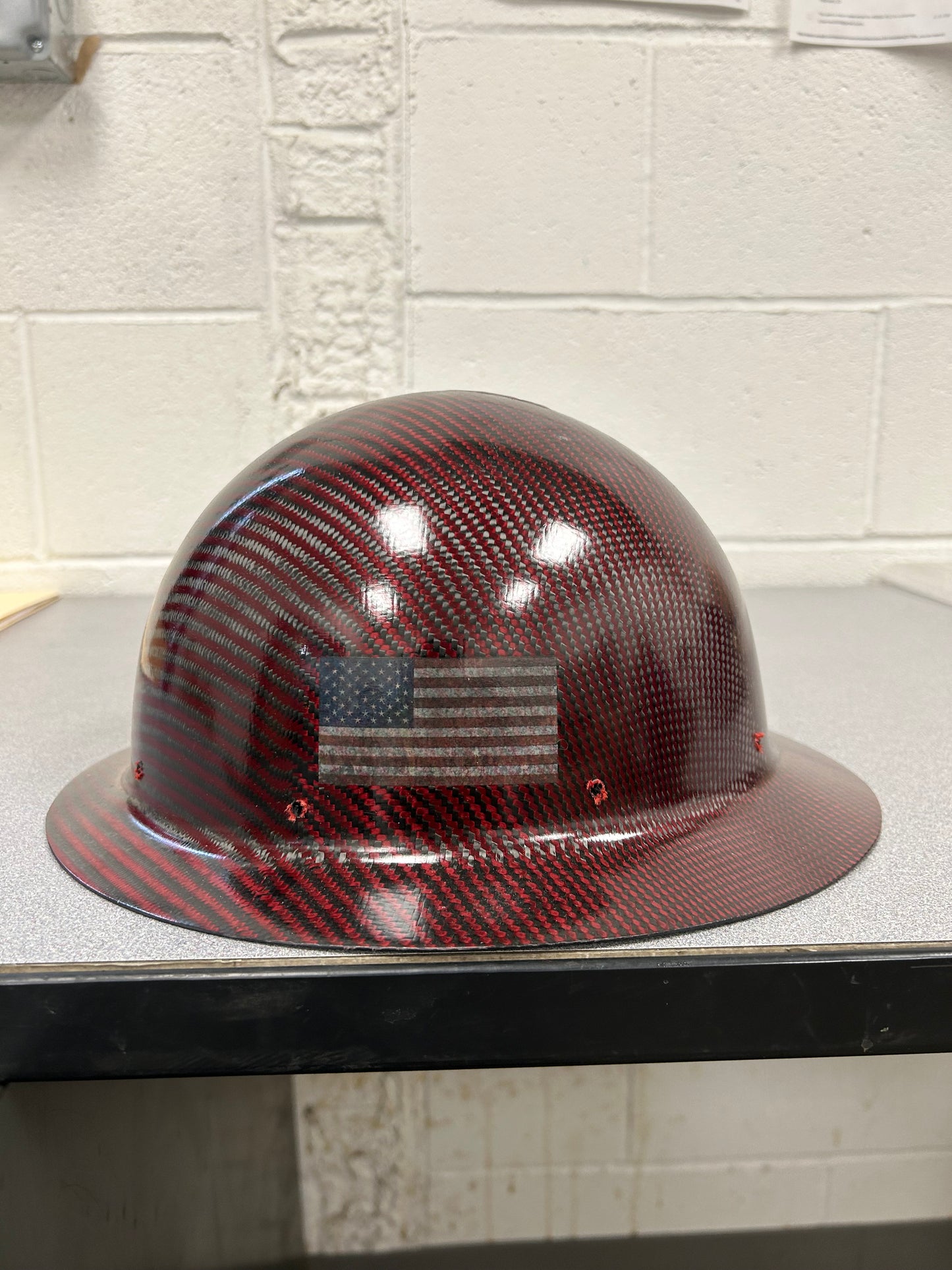 Cosmetic Blemish, RED Semi Gloss, Full Brim Hard Hat WITH RWB FLAG & MEXICAN FLAG
